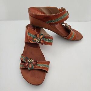 L'Artiste by Spring Step Bacall 41 Brown Leather Floral Wedge Sandals size 41 10
